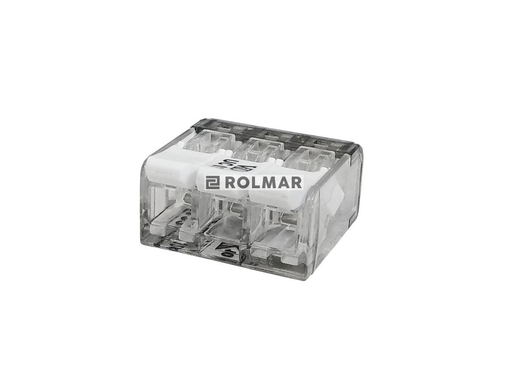 Szybkozłączka elektryczna 3 otworowa z zapadką. przewód- linka. drut  0.5-4 mm2 ( opakowanie zawiera 10 szt. )