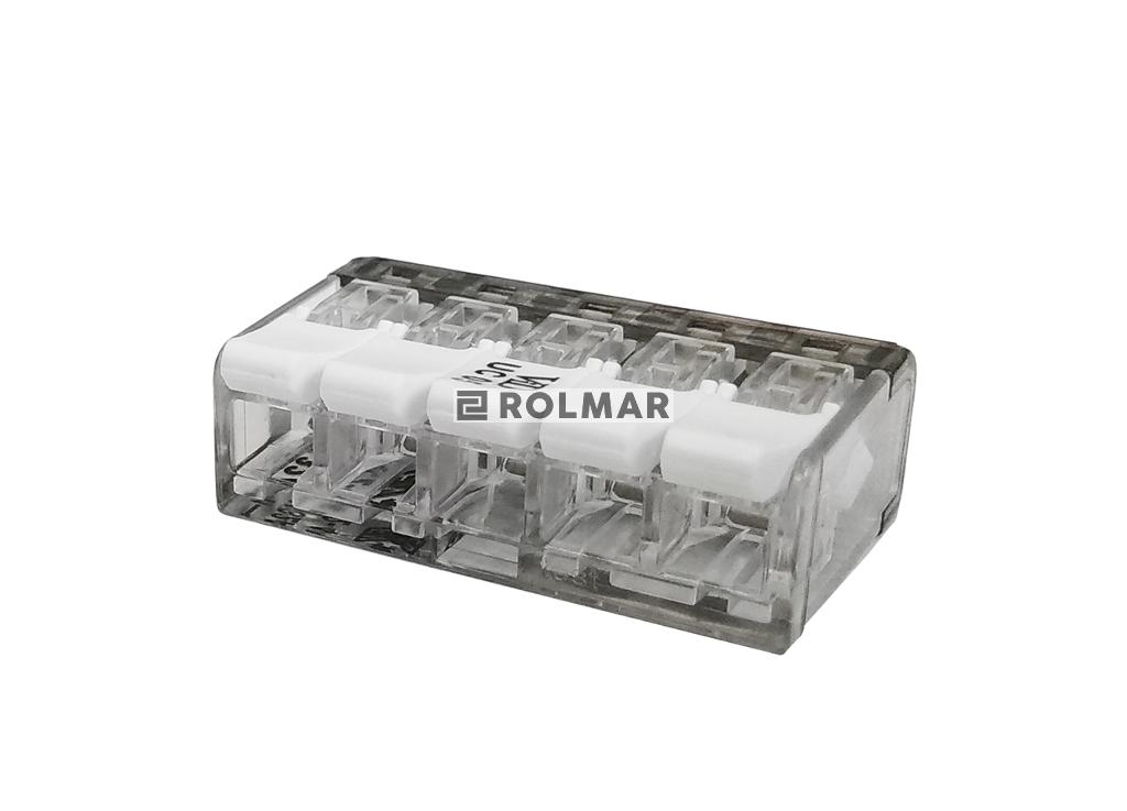 Szybkozłączka elektryczna 5 otworowa z zapadką. przewód- linka. drut  0.5-4 mm2 ( opakowanie zawiera 10 szt. )