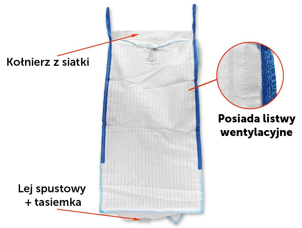 Worek BIG BAG 1000kg. wentylowany. 95 x 95 x 180. 4 uchwyty. Kołnierz/Lej spustowy. Tasiemka /TEGER
