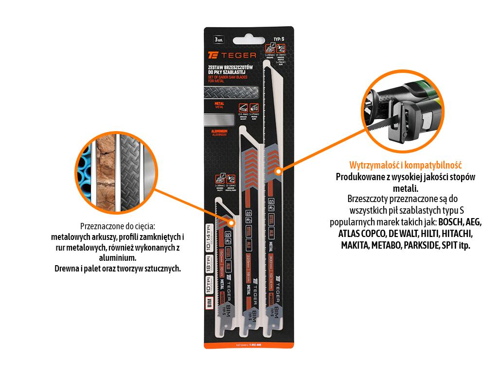 Zestaw brzeszczotów do piły szablastej - Typ: S - METAL  (3szt), TEGER