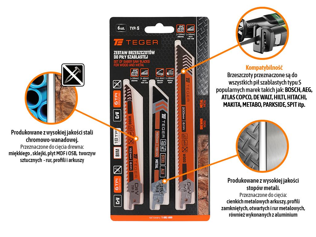 Zestaw brzeszczotów do piły szablastej - Typ: S - METAL/DREWNO (6szt), TEGER