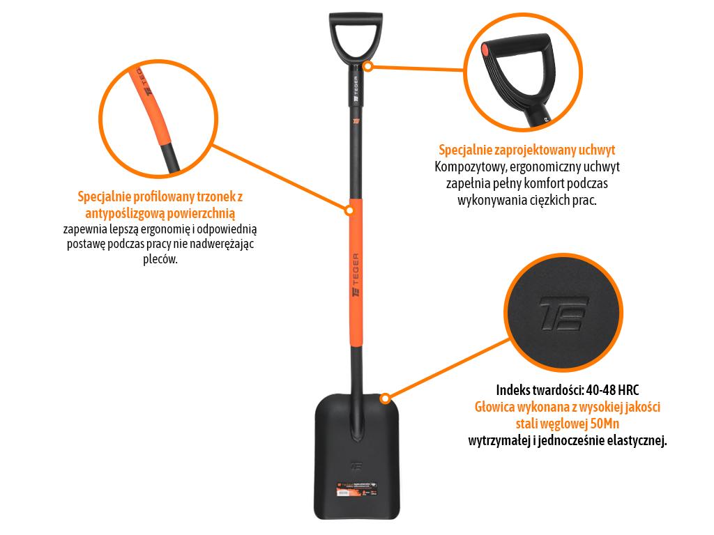 Łopata uniwersalna na metalowym trzonku - szufla, (235/320/1250mm), Teger
