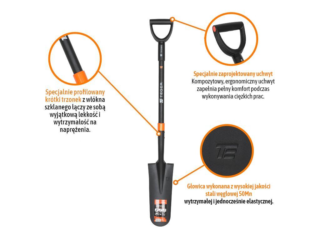 Szpadel drenarski na trzonku z włókna szklanego, (dł. 1150 mm), Teger