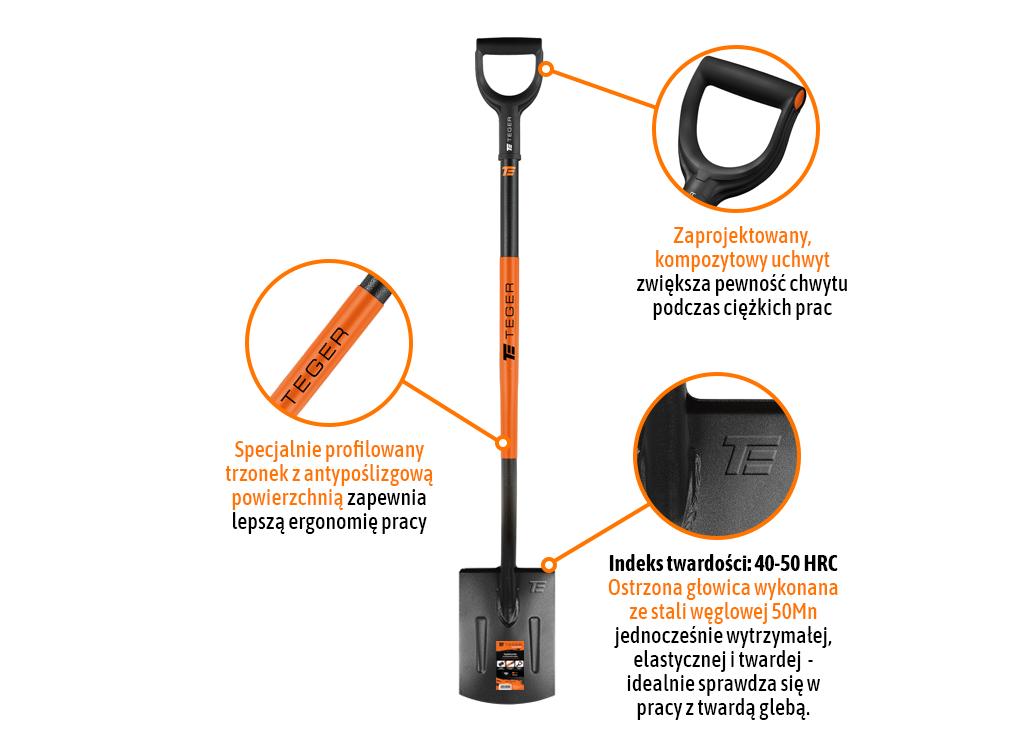 Szpadel prosty na metalowym trzonku, (dł. 1250 mm), Teger