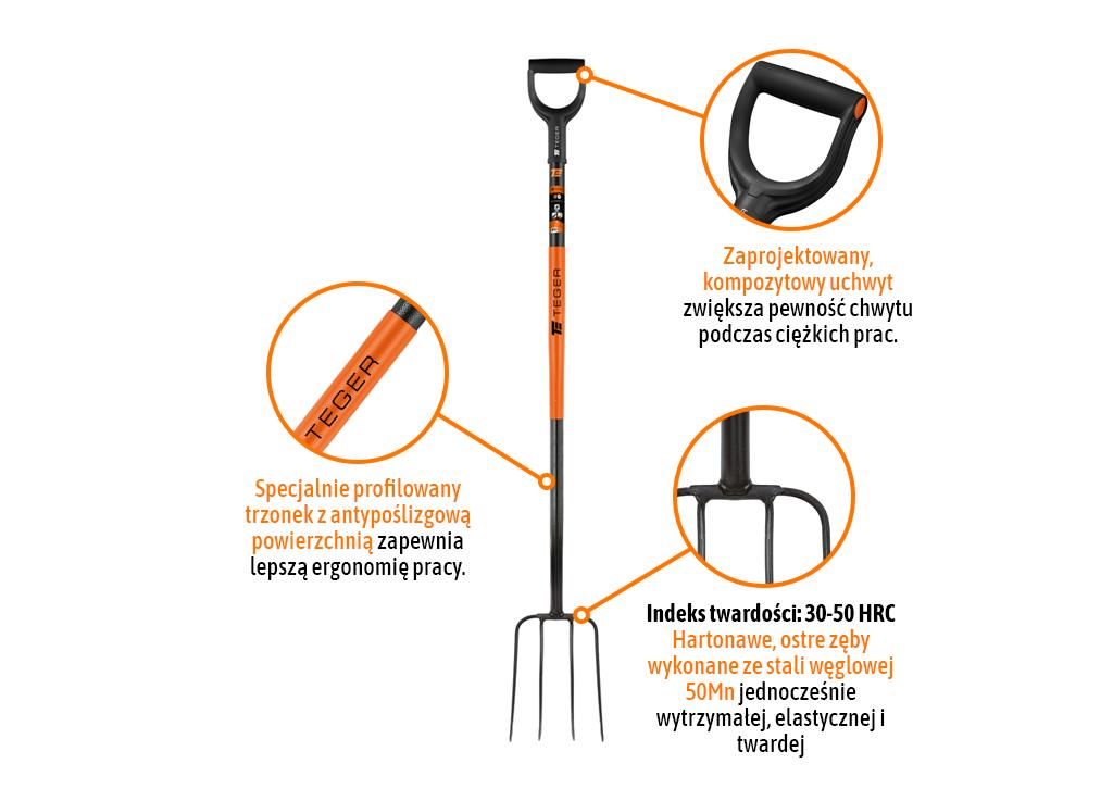 Widły gospodarcze 4-zębne na metalowym trzonku - Standard, (dł. 1250 mm), Teger