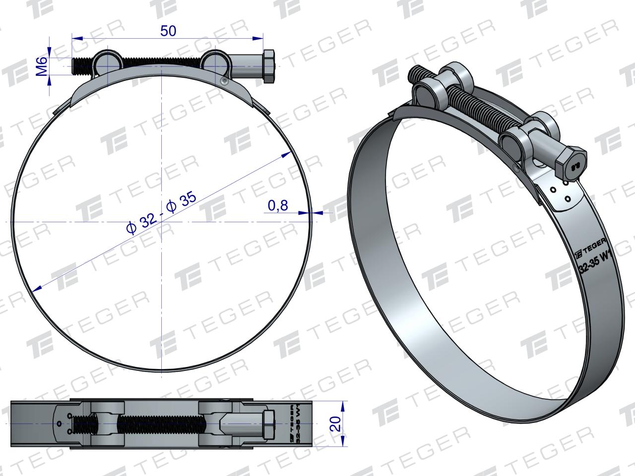 Opaska zaciskowa GBS 32-35 (obejma W1 - stal ocynkowana) szerkość 20mm TEGER ( sprzedawane po 10 )