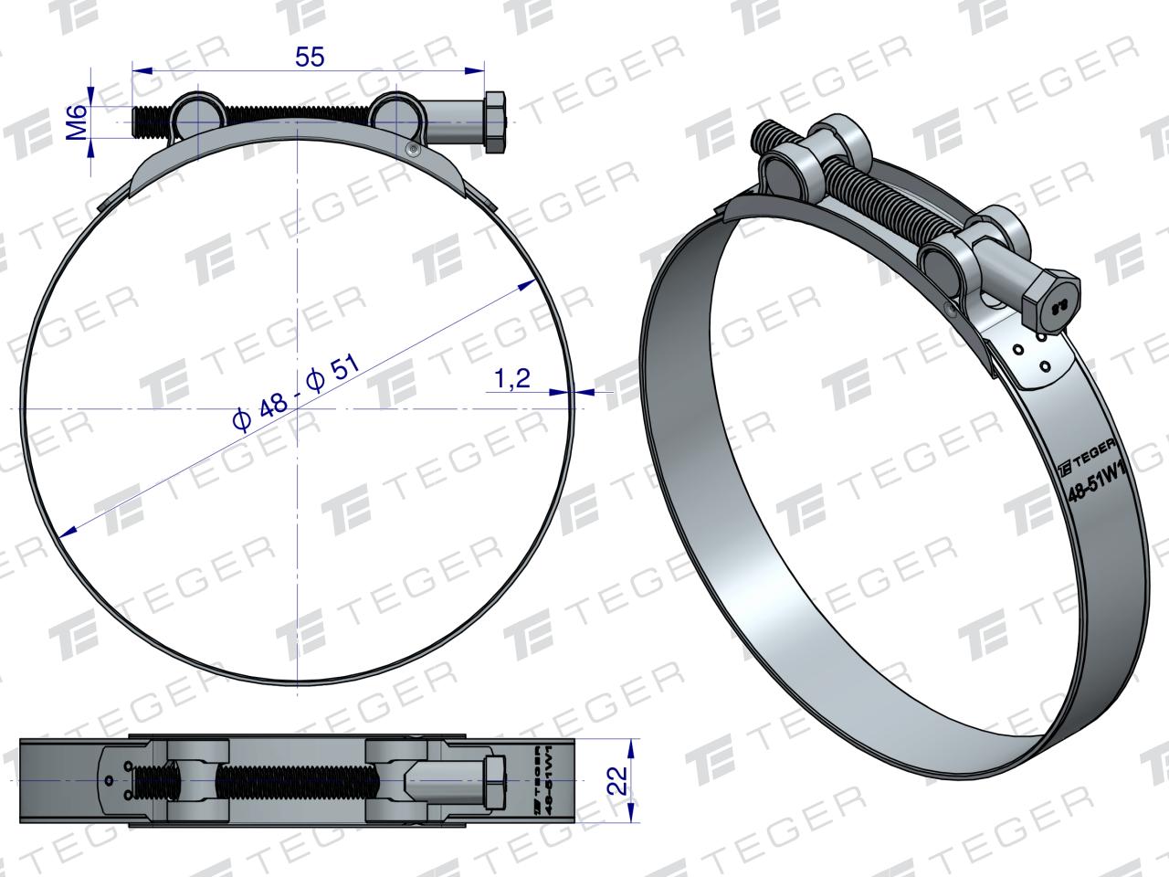 Opaska zaciskowa GBS 48-51 (obejma W1 - stal ocynkowana) szerkość 22mm TEGER ( sprzedawane po 10 )