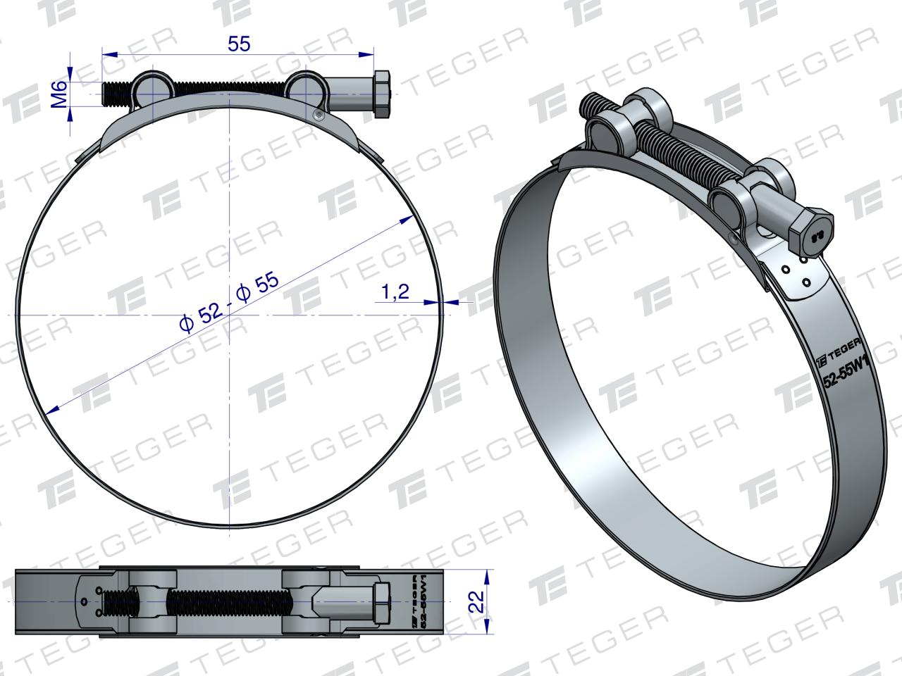 Opaska zaciskowa GBS 52-55 (obejma W1 - stal ocynkowana) szerkość 22mm TEGER ( sprzedawane po 10 )