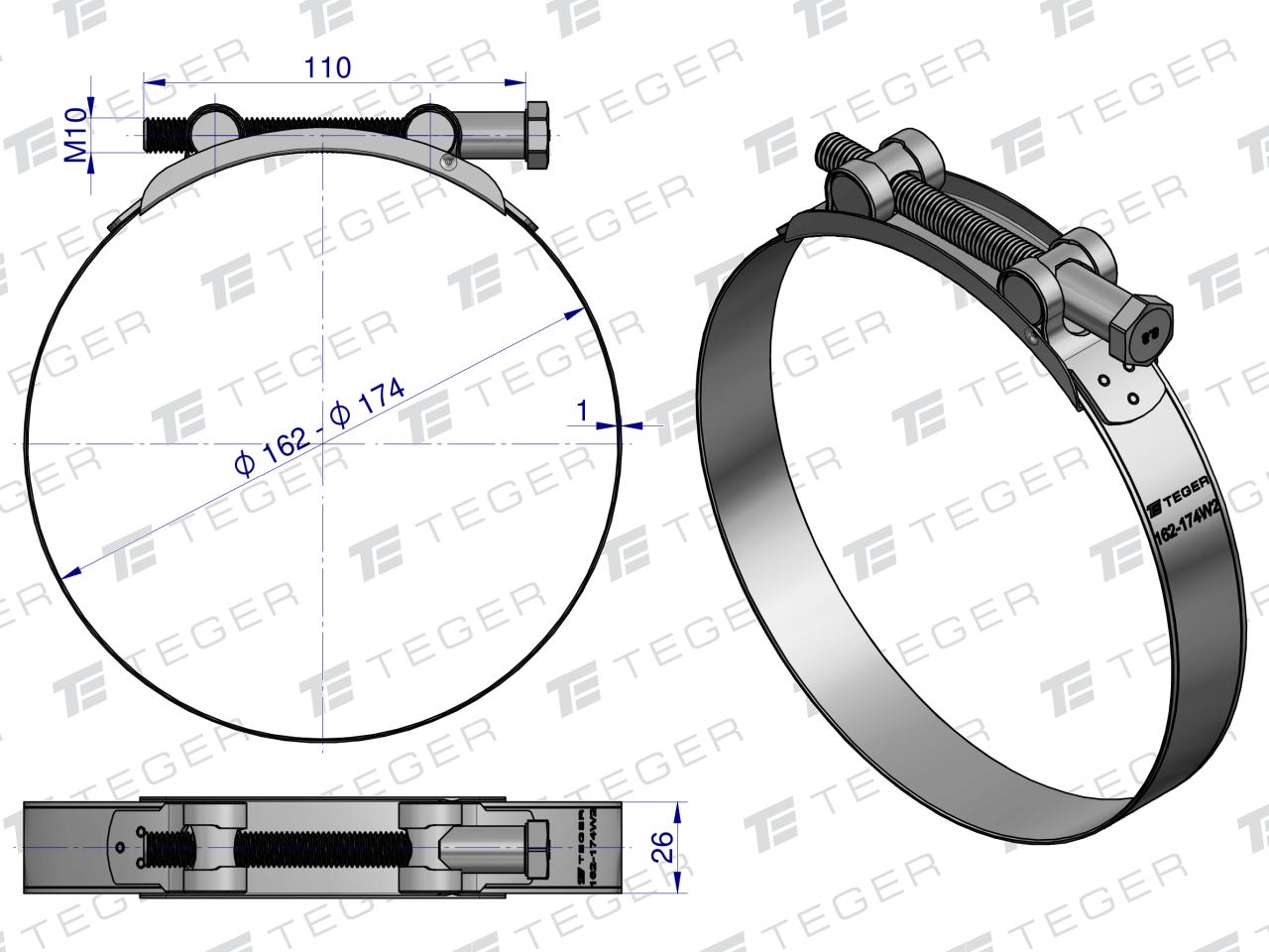 Opaska zaciskowa GBS 162-174 (obejma W2 - stal nierdzewna) szerkość 26mm TEGER ( sprzedawane po 5 )