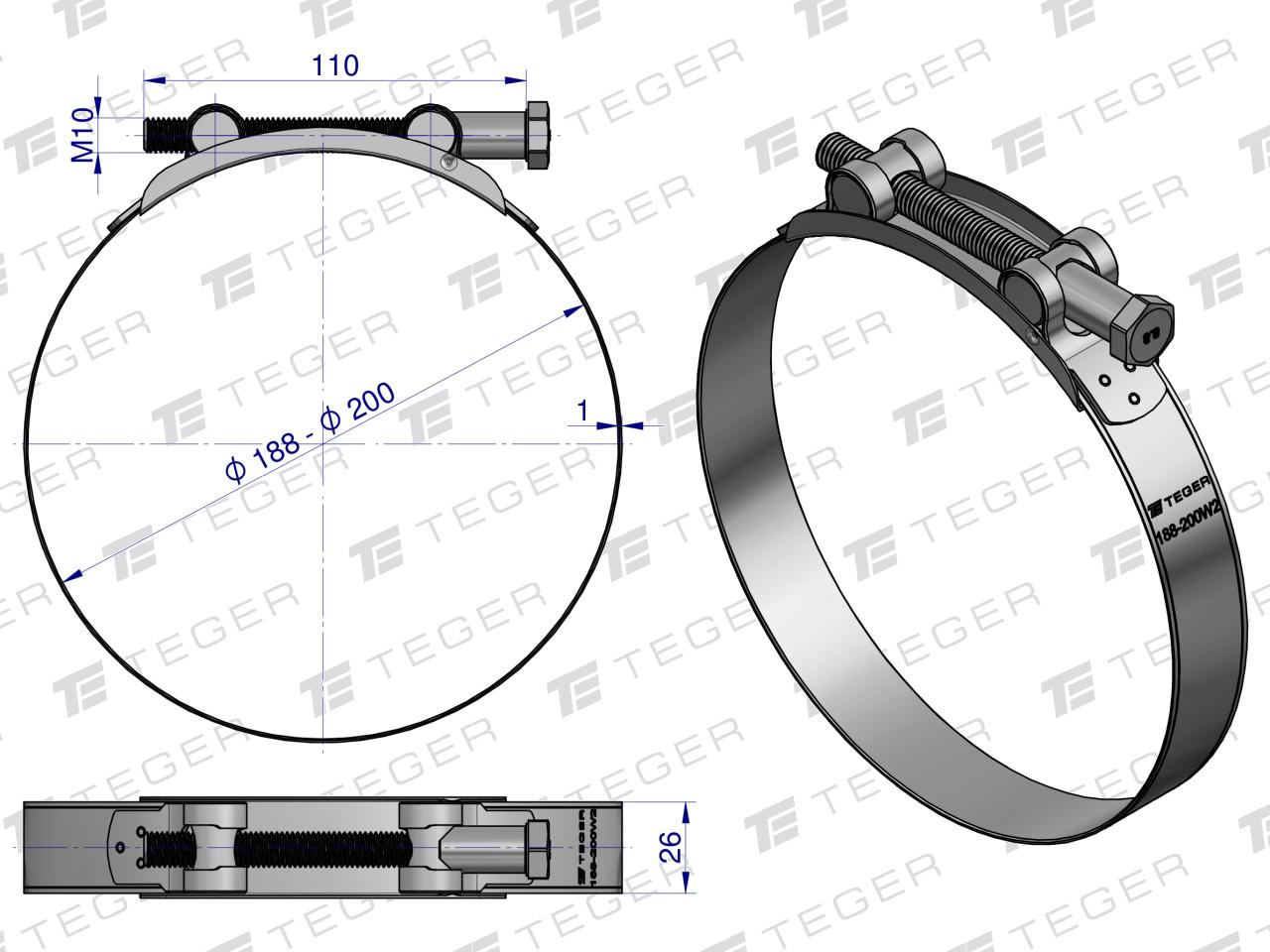 Opaska zaciskowa GBS 188-200 (obejma W2 - stal nierdzewna) szerkość 26mm TEGER ( sprzedawane po 5 )