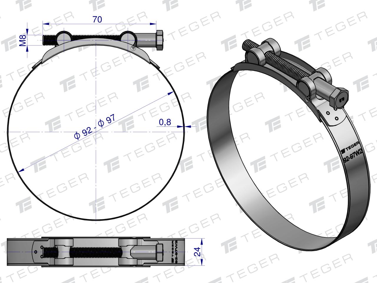 Opaska zaciskowa GBS 92-97 (obejma W2 - stal nierdzewna) szerkość 24mm TEGER ( sprzedawane po 5 )