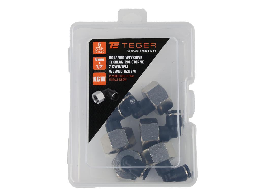 Kolanko wtykowe tekalan (90 stopni) z gwintem wewnętrznym 6mm x 1/2" TEGER, (sprzedawane po 5)