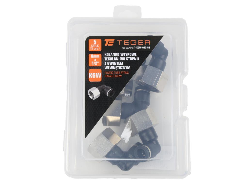 Kolanko wtykowe tekalan (90 stopni) z gwintem wewnętrznym 8mm x 1/2" TEGER, (sprzedawane po 5)