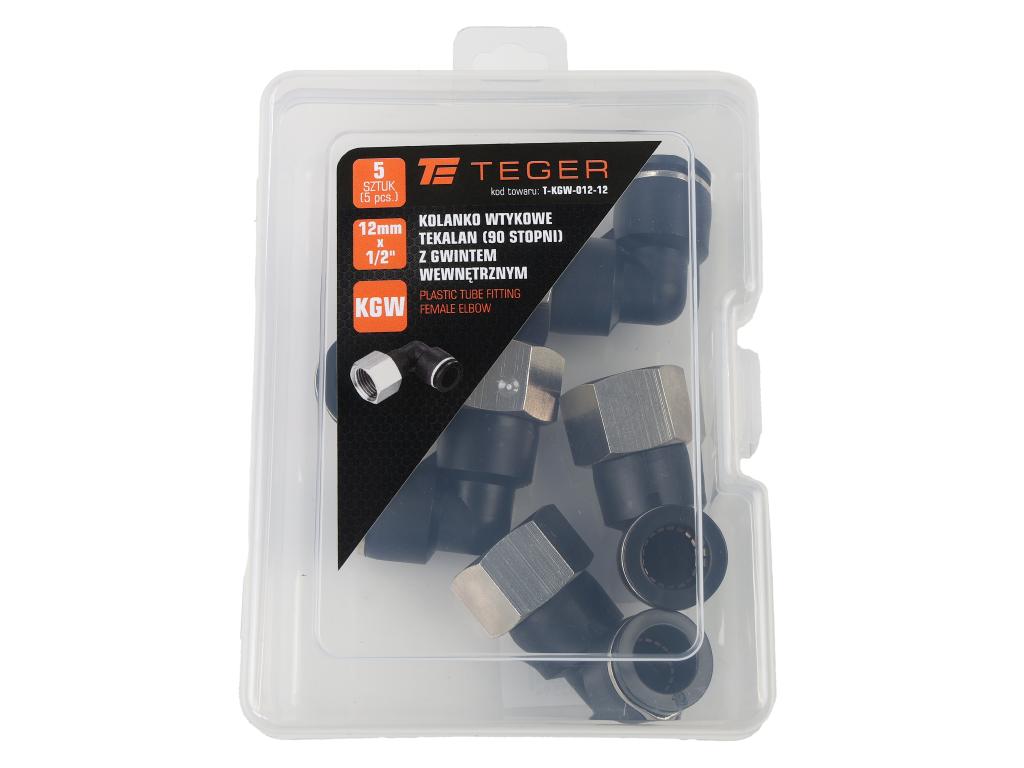 Kolanko wtykowe tekalan (90 stopni) z gwintem wewnętrznym 12mm x 1/2" TEGER, (sprzedawane po 5)