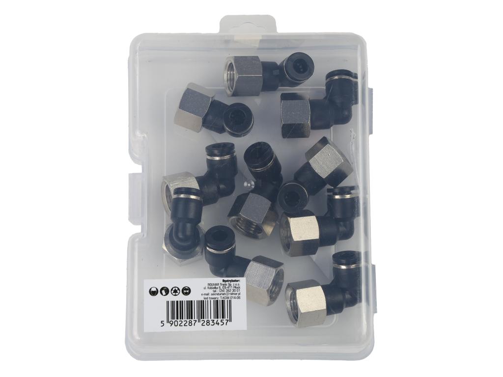 Kolanko wtykowe tekalan (90 stopni) z gwintem wewnętrznym 6mm x 1/4" TEGER, (sprzedawane po 10)