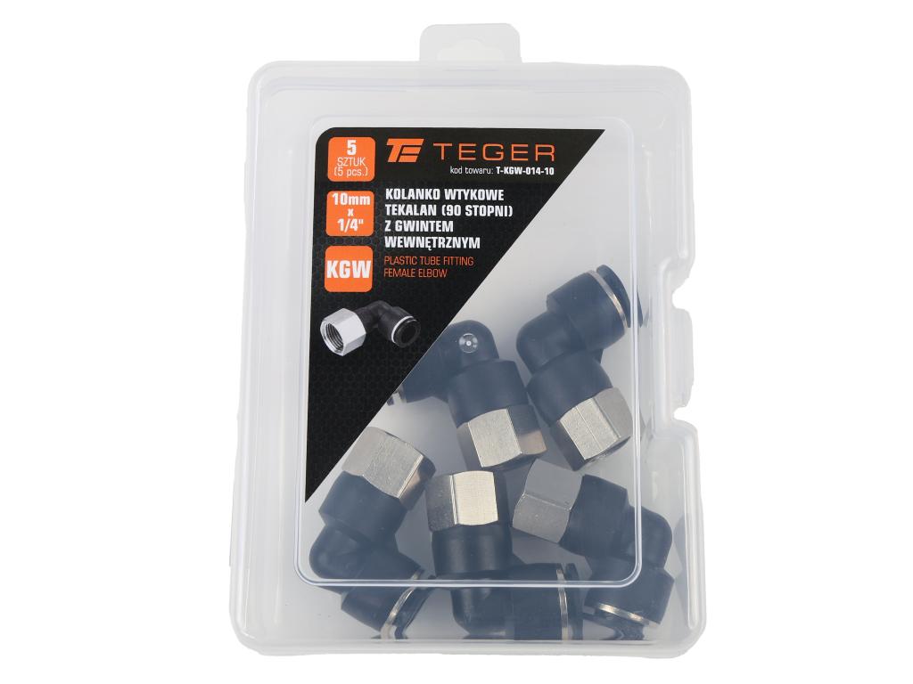 Kolanko wtykowe tekalan (90 stopni) z gwintem wewnętrznym 10mm x 1/4" TEGER, (sprzedawane po 5)