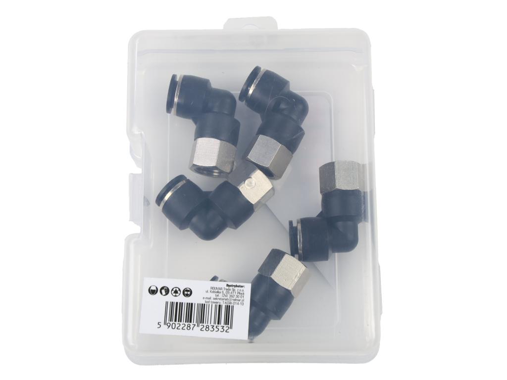 Kolanko wtykowe tekalan (90 stopni) z gwintem wewnętrznym 10mm x 1/4" TEGER, (sprzedawane po 5)