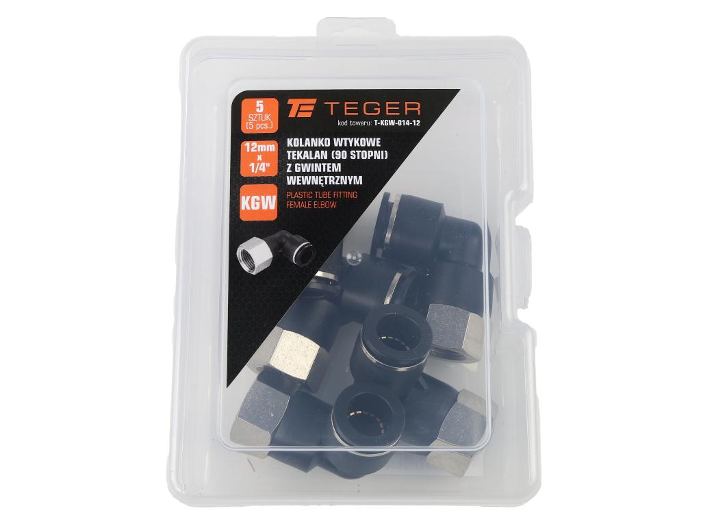 Kolanko wtykowe tekalan (90 stopni) z gwintem wewnętrznym 12mm x 1/4" TEGER, (sprzedawane po 5)