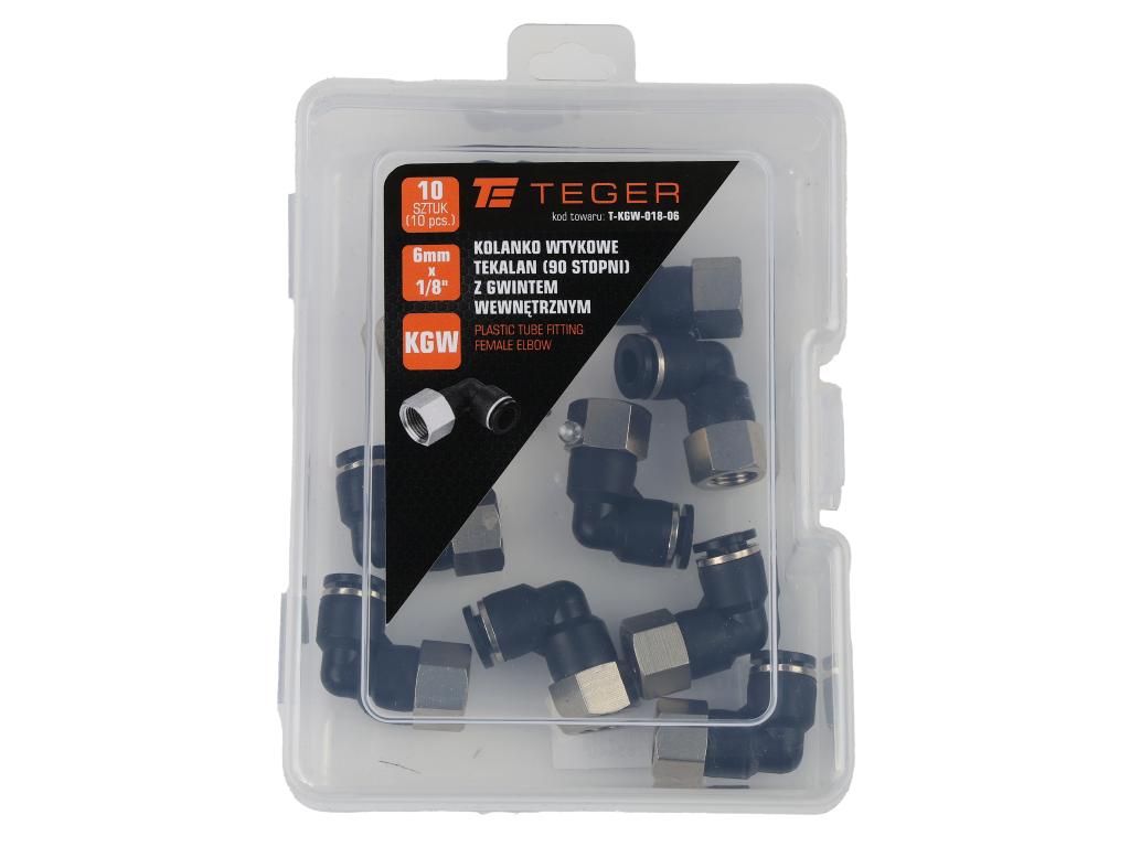 Kolanko wtykowe tekalan (90 stopni) z gwintem wewnętrznym 6mm x 1/8" TEGER, (sprzedawane po 10)
