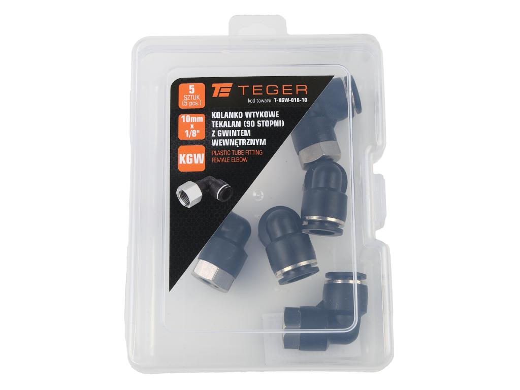 Kolanko wtykowe tekalan (90 stopni) z gwintem wewnętrznym 10mm x 1/8" TEGER, (sprzedawane po 5)
