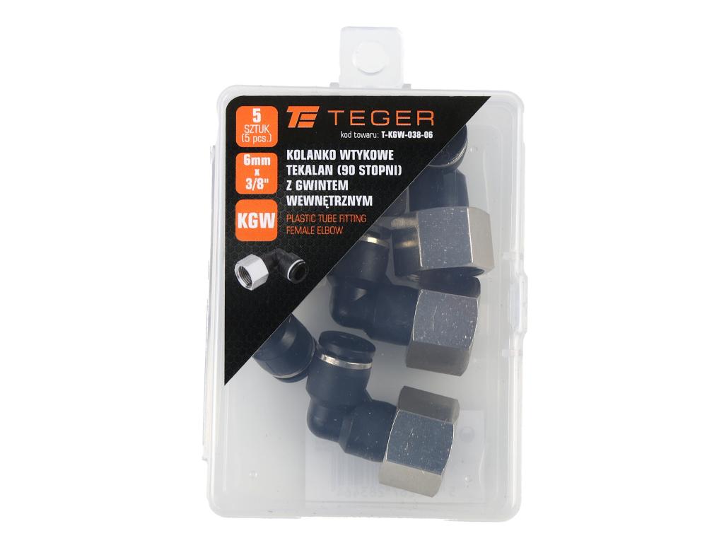 Kolanko wtykowe tekalan (90 stopni) z gwintem wewnętrznym 6mm x 3/8" TEGER, (sprzedawane po 5)