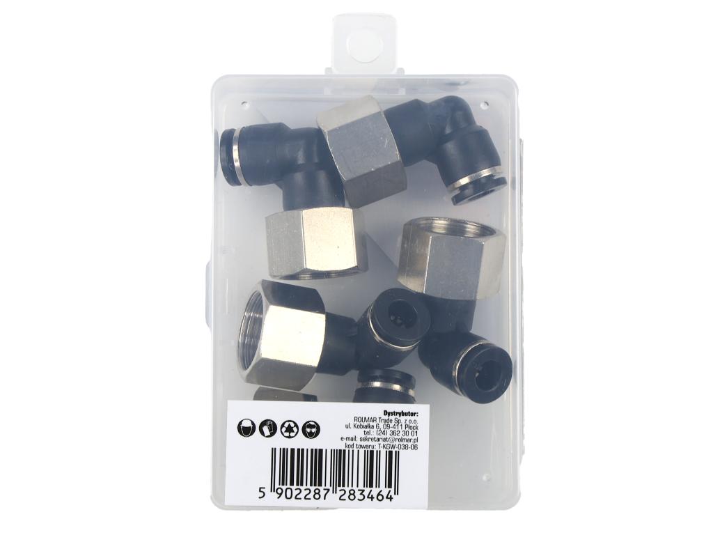 Kolanko wtykowe tekalan (90 stopni) z gwintem wewnętrznym 6mm x 3/8" TEGER, (sprzedawane po 5)