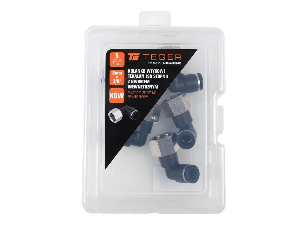Kolanko wtykowe tekalan (90 stopni) z gwintem wewnętrznym 8mm x 3/8" TEGER, (sprzedawane po 5)