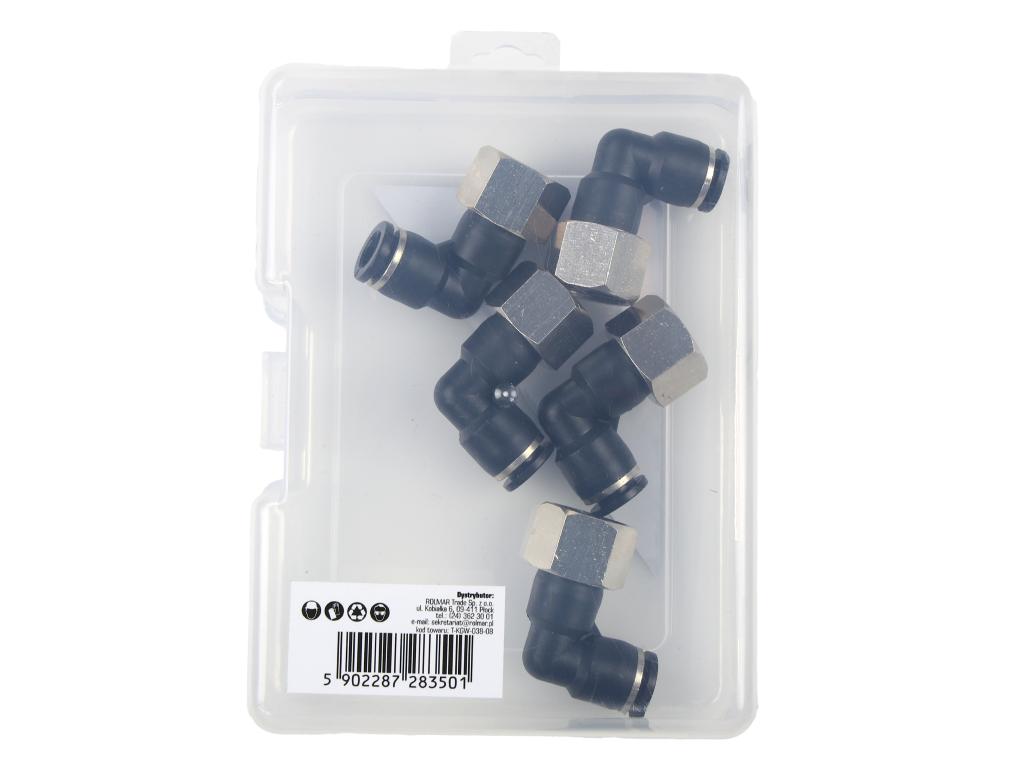 Kolanko wtykowe tekalan (90 stopni) z gwintem wewnętrznym 8mm x 3/8" TEGER, (sprzedawane po 5)