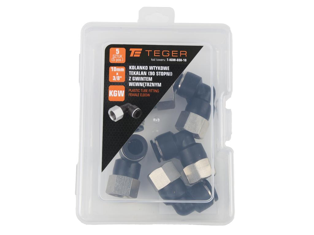 Kolanko wtykowe tekalan (90 stopni) z gwintem wewnętrznym 10mm x 3/8" TEGER, (sprzedawane po 5)