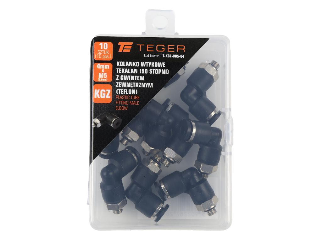 Kolanko wtykowe tekalan (90 stopni) z gwintem zewnętrznym (teflon) 4mm x M5 (0,8mm) TEGER, (sprzedawane po 10)