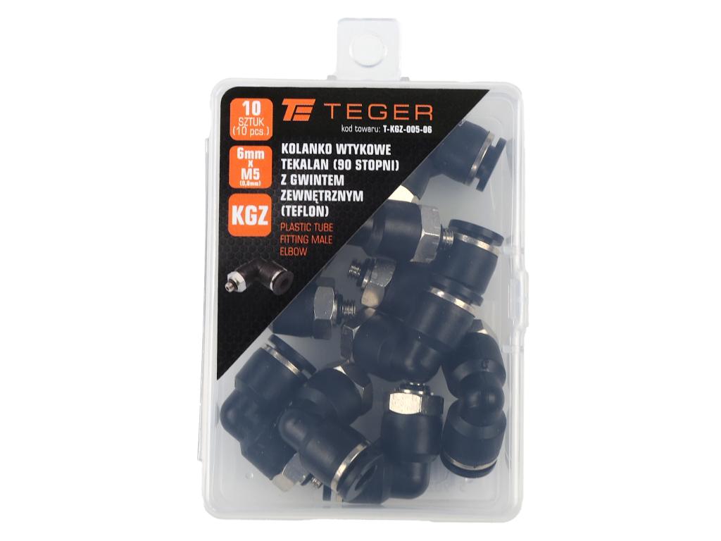 Kolanko wtykowe tekalan (90 stopni) z gwintem zewnętrznym (teflon) 6mm x M5 (0,8mm) TEGER, (sprzedawane po 10)
