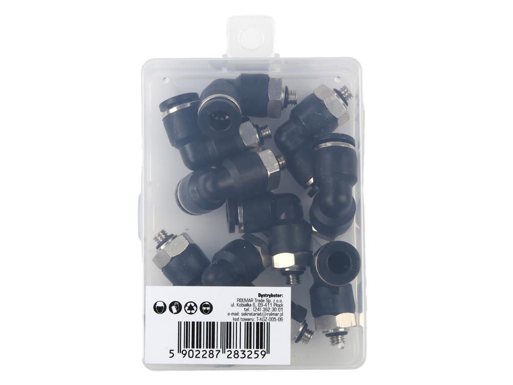Kolanko wtykowe tekalan (90 stopni) z gwintem zewnętrznym (teflon) 6mm x M5 (0,8mm) TEGER, (sprzedawane po 10)