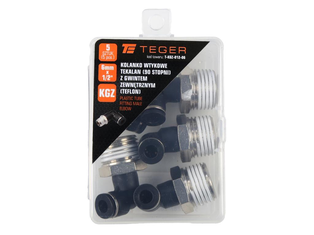 Kolanko wtykowe tekalan (90 stopni) z gwintem zewnętrznym (teflon) 6mm x 1/2" TEGER, (sprzedawane po 5)