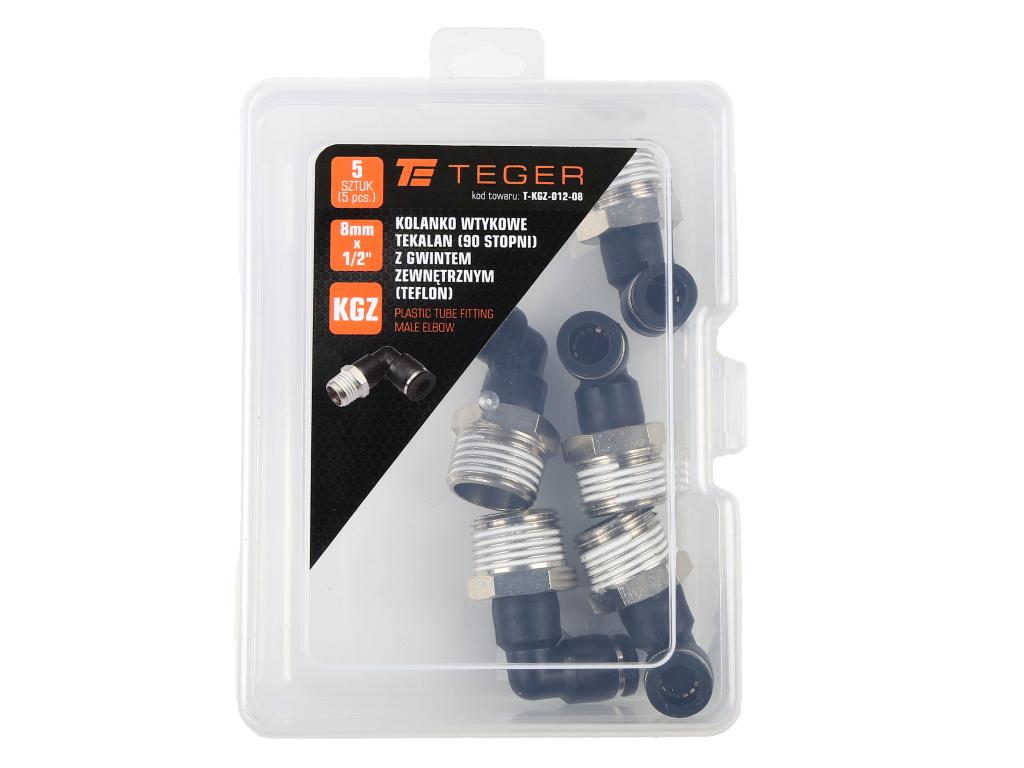 Kolanko wtykowe tekalan (90 stopni) z gwintem zewnętrznym (teflon) 8mm x 1/2" TEGER, (sprzedawane po 5)
