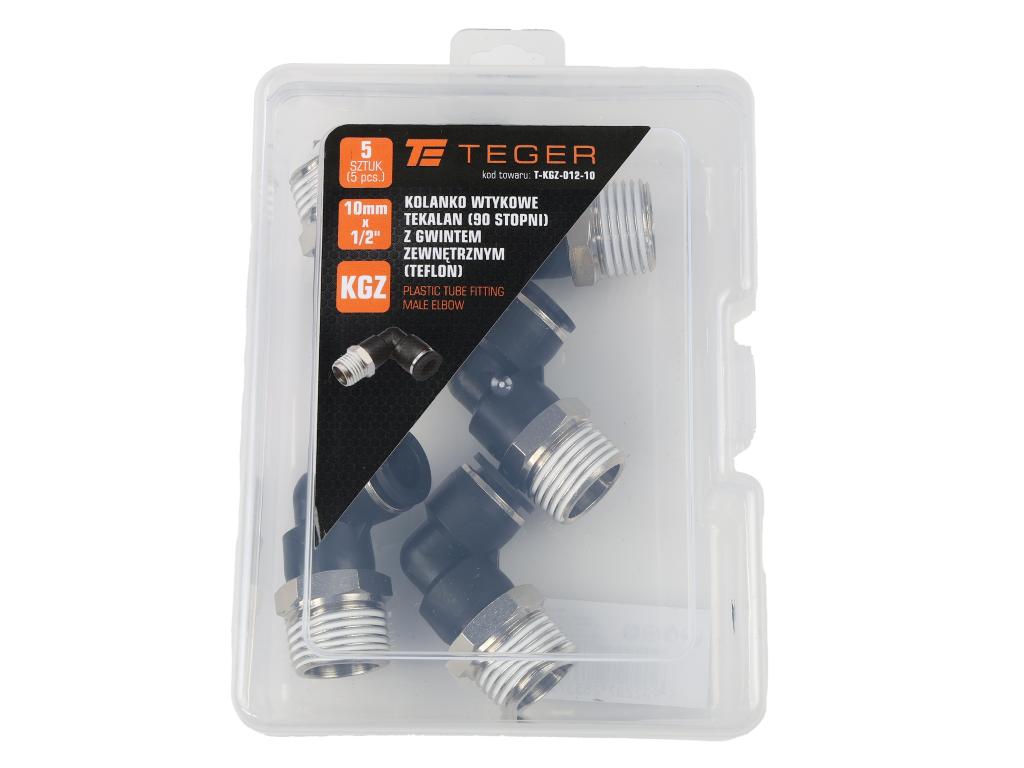 Kolanko wtykowe tekalan (90 stopni) z gwintem zewnętrznym (teflon) 10mm x 1/2" TEGER, (sprzedawane po 5)