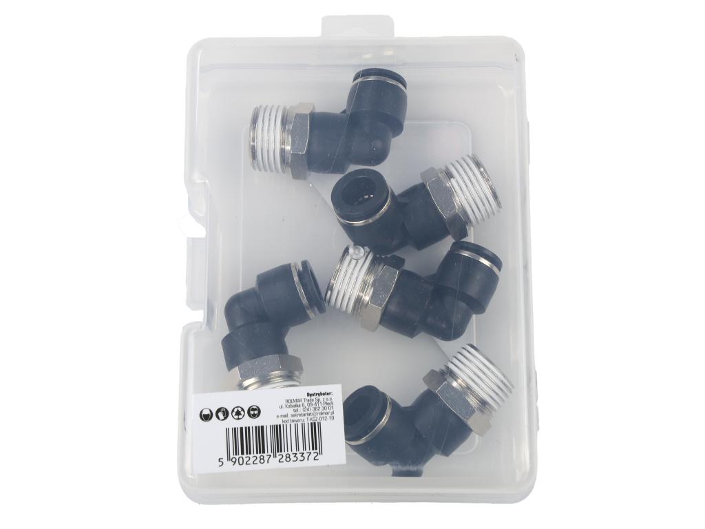 Kolanko wtykowe tekalan (90 stopni) z gwintem zewnętrznym (teflon) 10mm x 1/2" TEGER, (sprzedawane po 5)