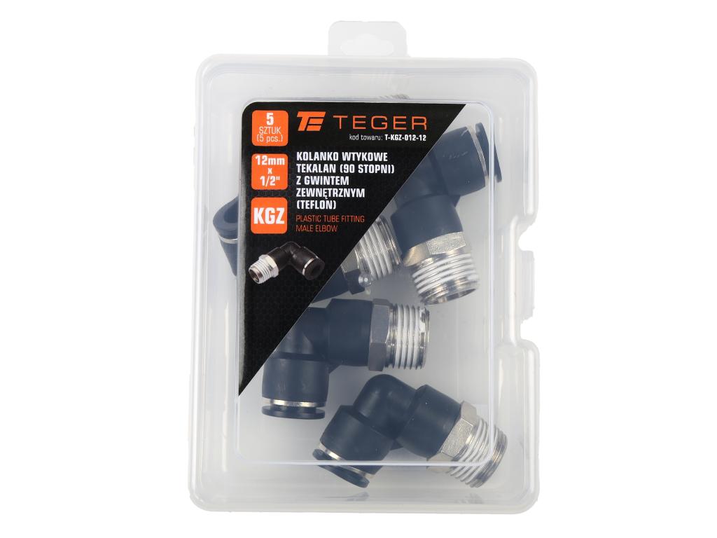Kolanko wtykowe tekalan (90 stopni) z gwintem zewnętrznym (teflon) 12mm x 1/2" TEGER, (sprzedawane po 5)