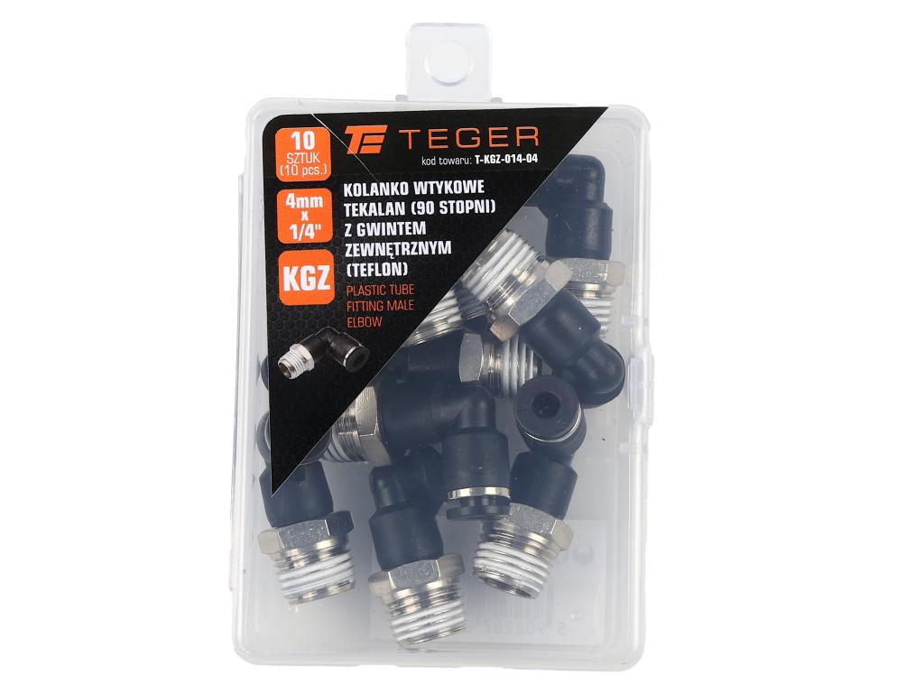 Kolanko wtykowe tekalan (90 stopni) z gwintem zewnętrznym (teflon) 4mm x 1/4" TEGER, (sprzedawane po 10)
