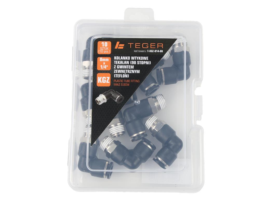 Kolanko wtykowe tekalan (90 stopni) z gwintem zewnętrznym (teflon) 8mm x 1/4" TEGER, (sprzedawane po 10)