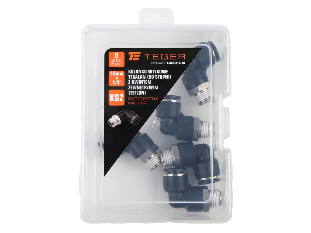 Kolanko wtykowe tekalan (90 stopni) z gwintem zewnętrznym (teflon) 10mm x 1/4" TEGER, (sprzedawane po 5)