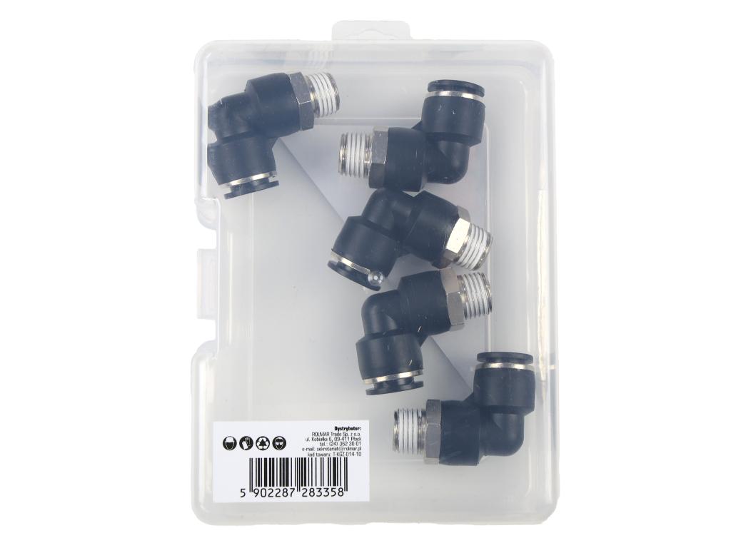 Kolanko wtykowe tekalan (90 stopni) z gwintem zewnętrznym (teflon) 10mm x 1/4" TEGER, (sprzedawane po 5)