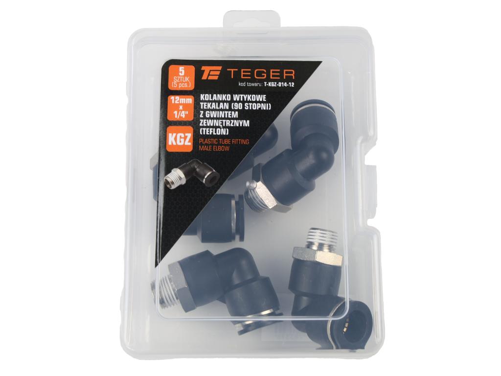 Kolanko wtykowe tekalan (90 stopni) z gwintem zewnętrznym (teflon) 12mm x 1/4" TEGER, (sprzedawane po 5)