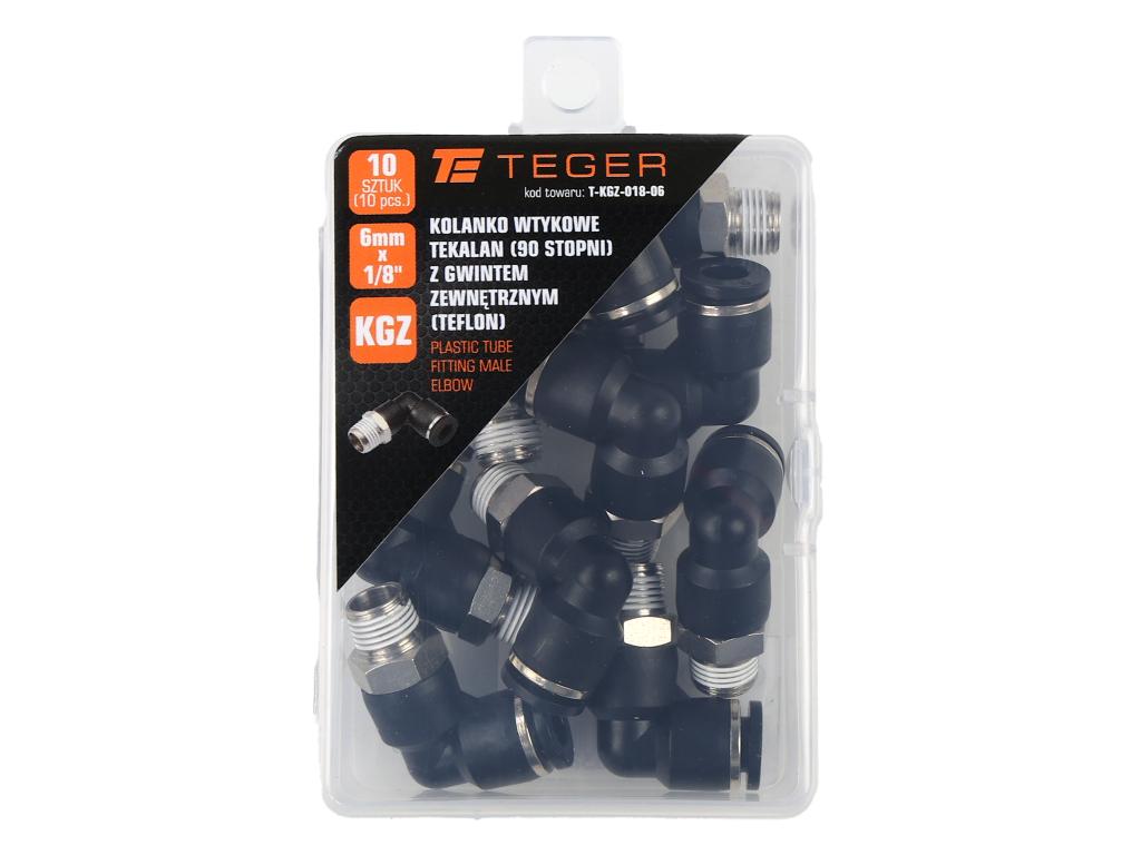 Kolanko wtykowe tekalan (90 stopni) z gwintem zewnętrznym (teflon) 6mm x 1/8" TEGER, (sprzedawane po 10)