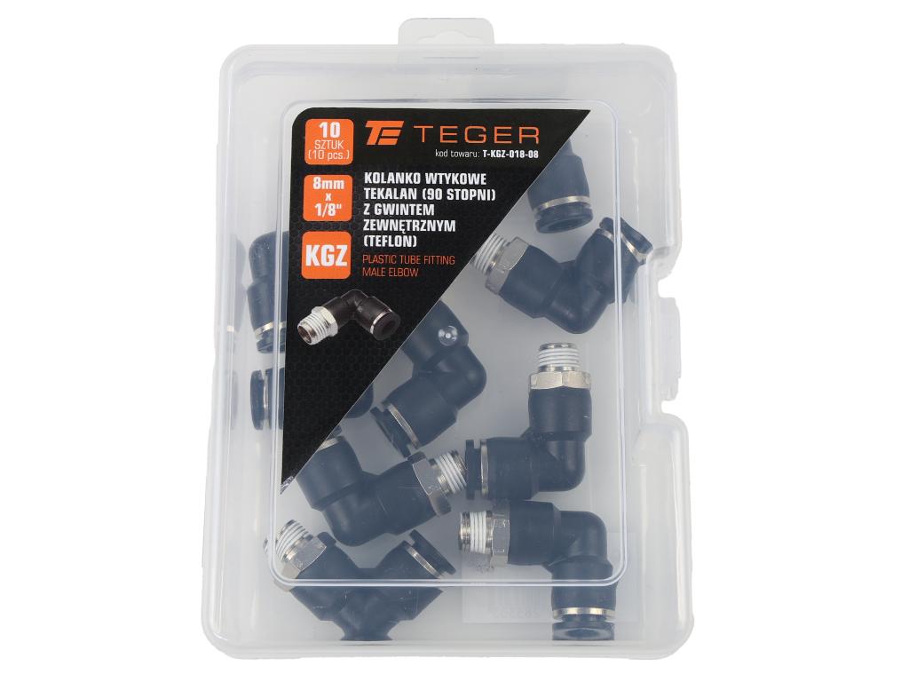 Kolanko wtykowe tekalan (90 stopni) z gwintem zewnętrznym (teflon) 8mm x 1/8" TEGER, (sprzedawane po 10)
