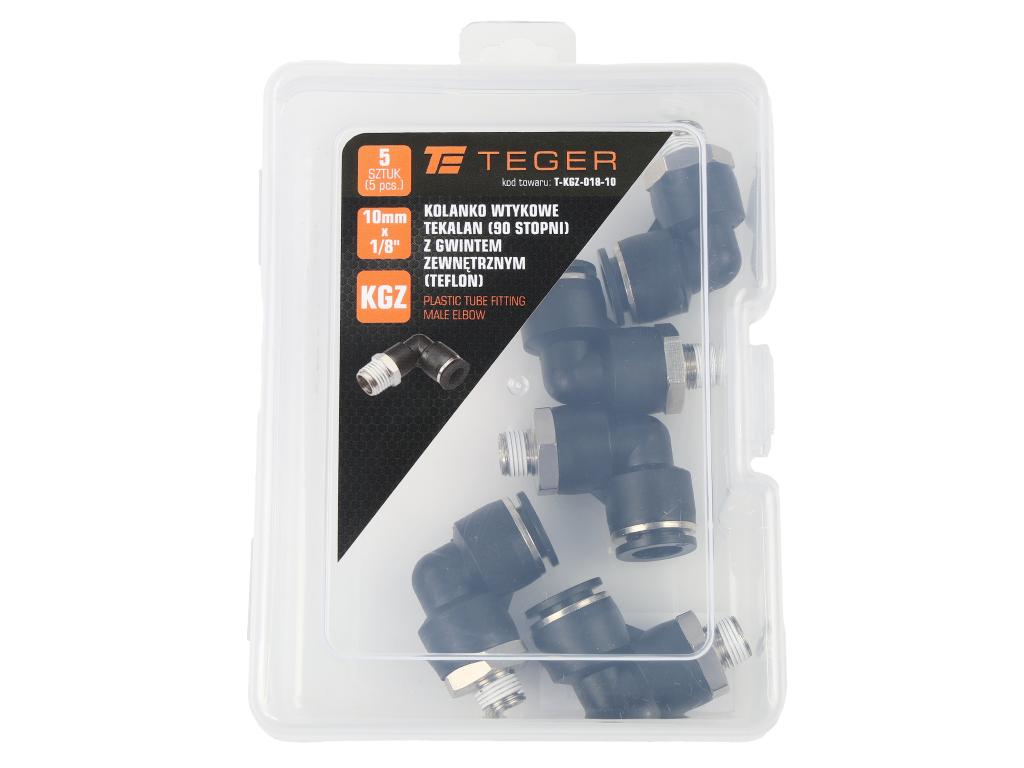 Kolanko wtykowe tekalan (90 stopni) z gwintem zewnętrznym (teflon) 10mm x 1/8" TEGER, (sprzedawane po 5)