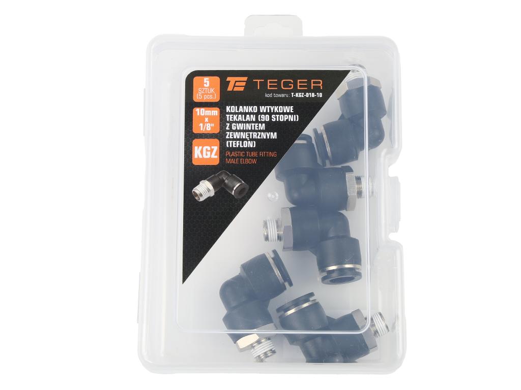 Kolanko wtykowe tekalan (90 stopni) z gwintem zewnętrznym (teflon) 10mm x 1/8" TEGER, (sprzedawane po 5)