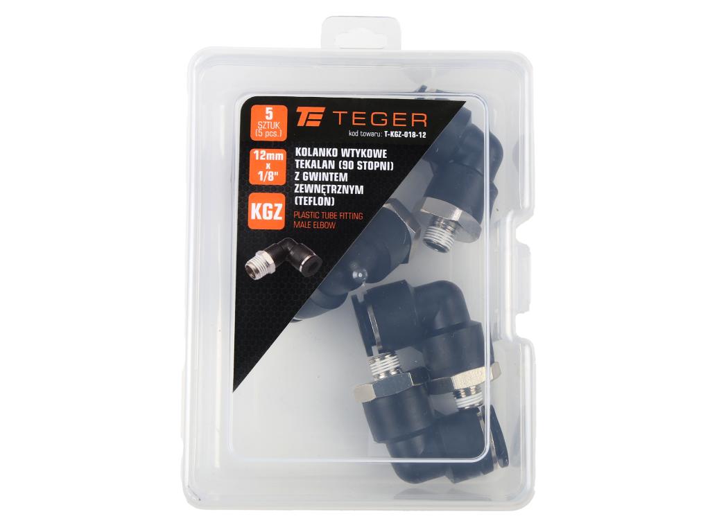 Kolanko wtykowe tekalan (90 stopni) z gwintem zewnętrznym (teflon) 12mm x 1/8" TEGER, (sprzedawane po 5)