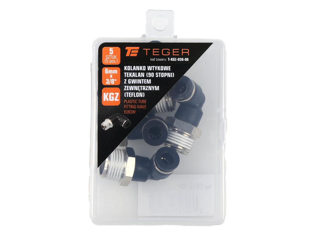 Kolanko wtykowe tekalan (90 stopni) z gwintem zewnętrznym (teflon) 6mm x 3/8" TEGER, (sprzedawane po 5)