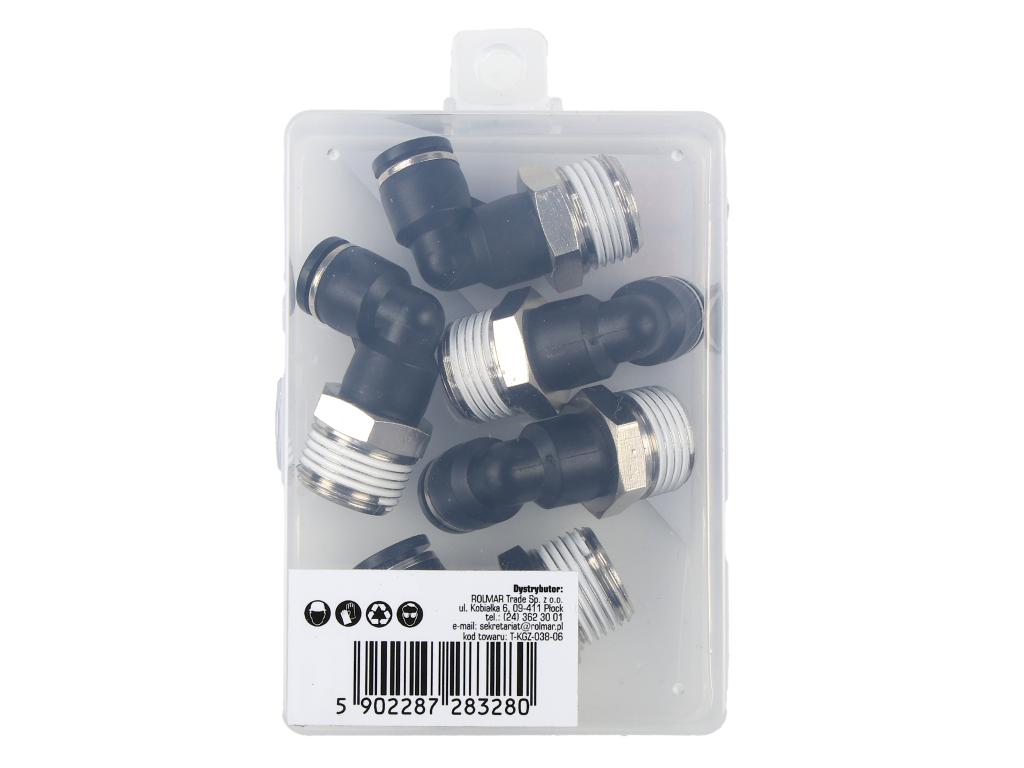 Kolanko wtykowe tekalan (90 stopni) z gwintem zewnętrznym (teflon) 6mm x 3/8" TEGER, (sprzedawane po 5)