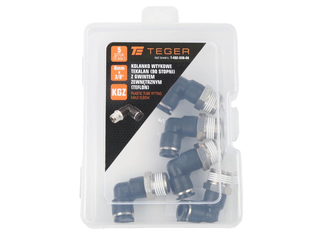Kolanko wtykowe tekalan (90 stopni) z gwintem zewnętrznym (teflon) 8mm x 3/8" TEGER, (sprzedawane po 5)